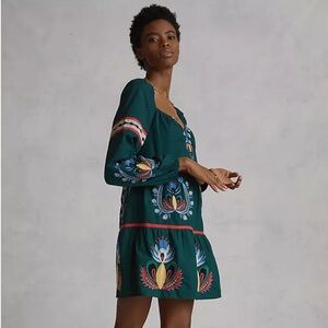 Anthropologie Green Embroidered Dress